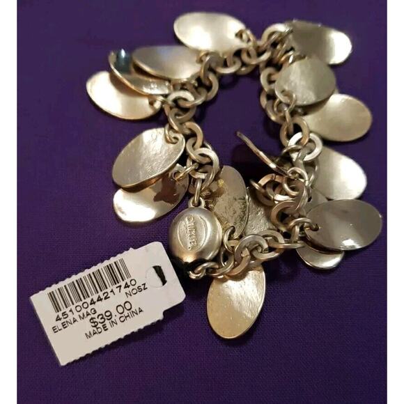 Chico's Signed Silver Tone Chain Charm Bracelet Matte Textured Shiny Oval Discs - Picture 7 of 7